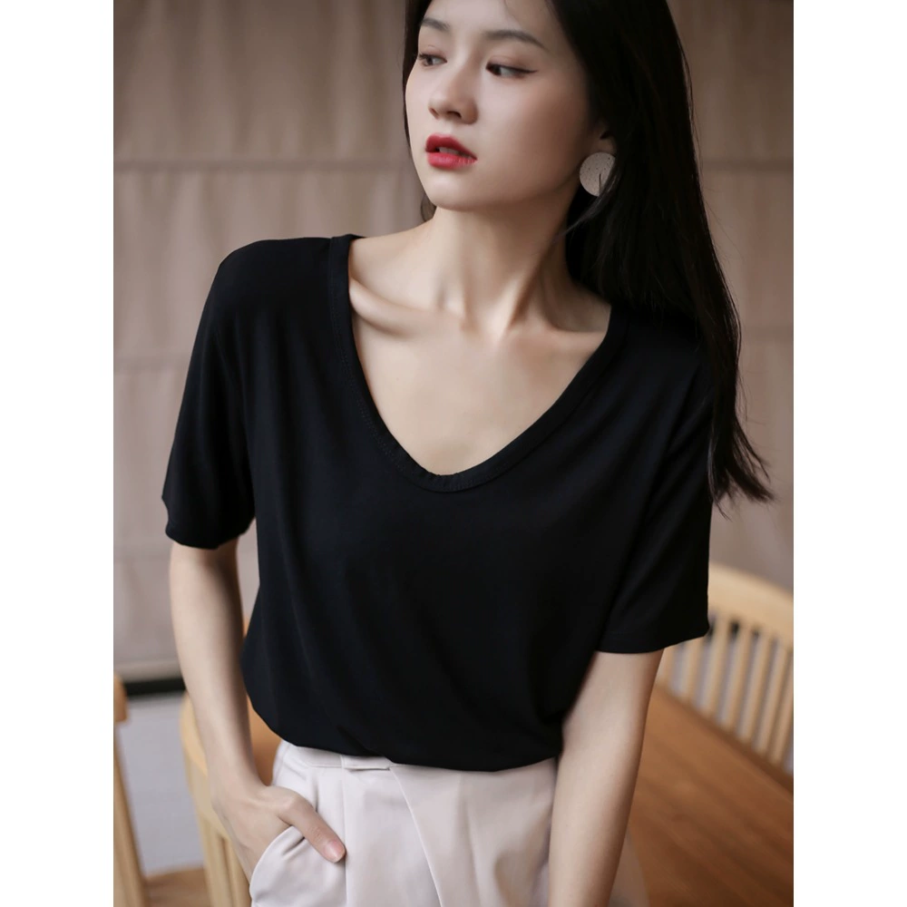 Черная футболка с короткими рукавами и маской из модала, женская летняя футболка с v-образным вырезом, новинка 2025 года, свободный весенне-осенний топ из ледяного шелка с глубоким вырезом