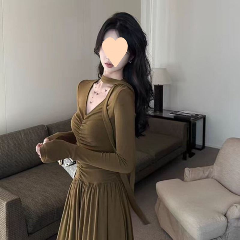 ニッチなデザインの女性用プリーツリボンドレス、秋のスリムフィットAラインニットロングスカート|undefined
