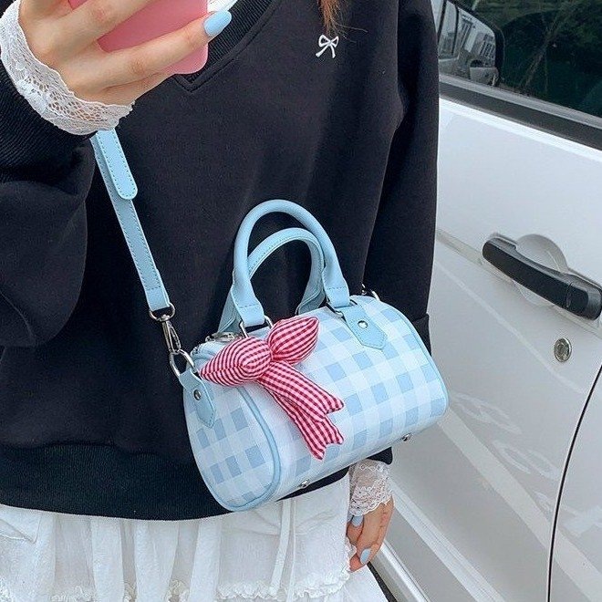 Fashionable and sweet plaid bow Boston bag, handbag and crossbody bag for women, 2025 new trendy versatile small bag