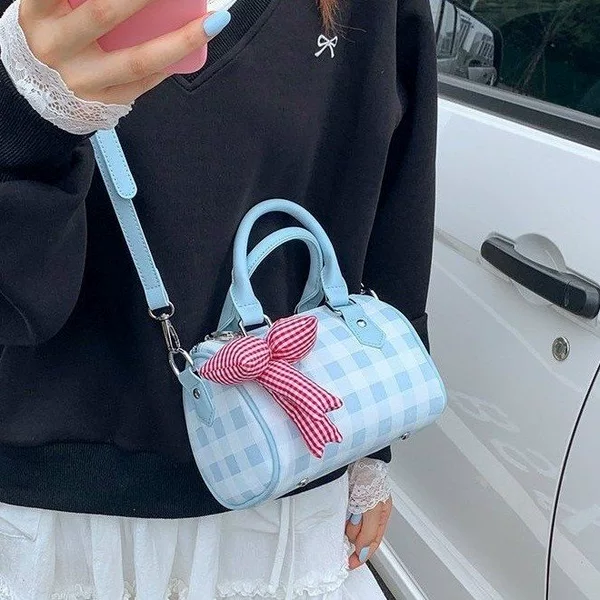 Fashionable and sweet plaid bow Boston bag, handbag and crossbody bag for women, 2025 new trendy versatile small bag