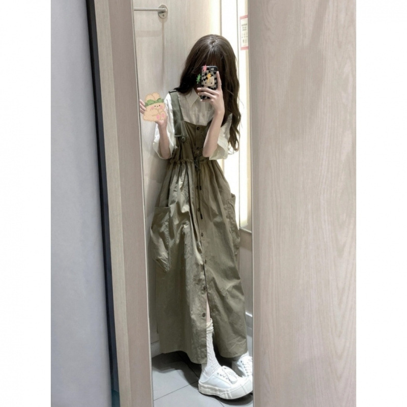 小个子复古设计感工装风收腰背带连衣裙女+短袖衬