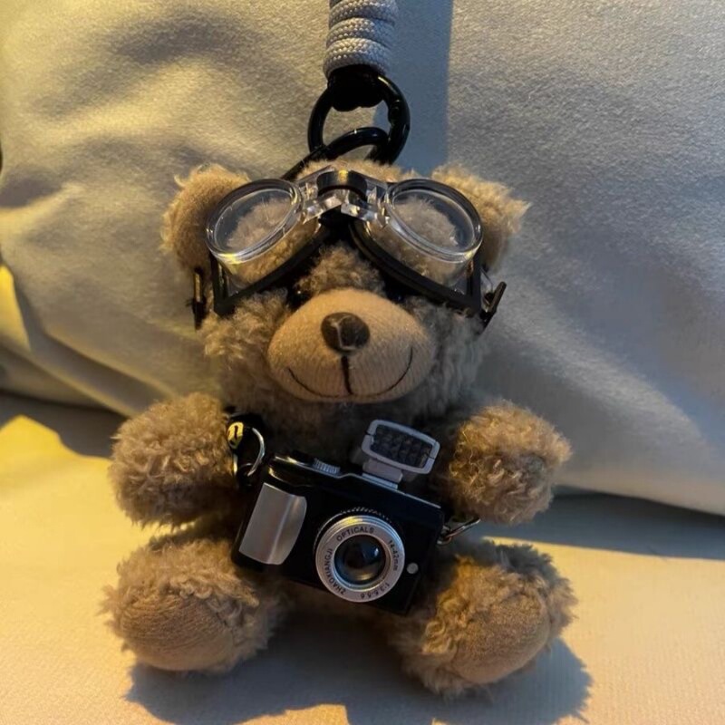 Cute Glitter Camera Teddy Bear Plush Toy Bag Pendant Couple Gift Creative Doll Panda Keychain Ornament
