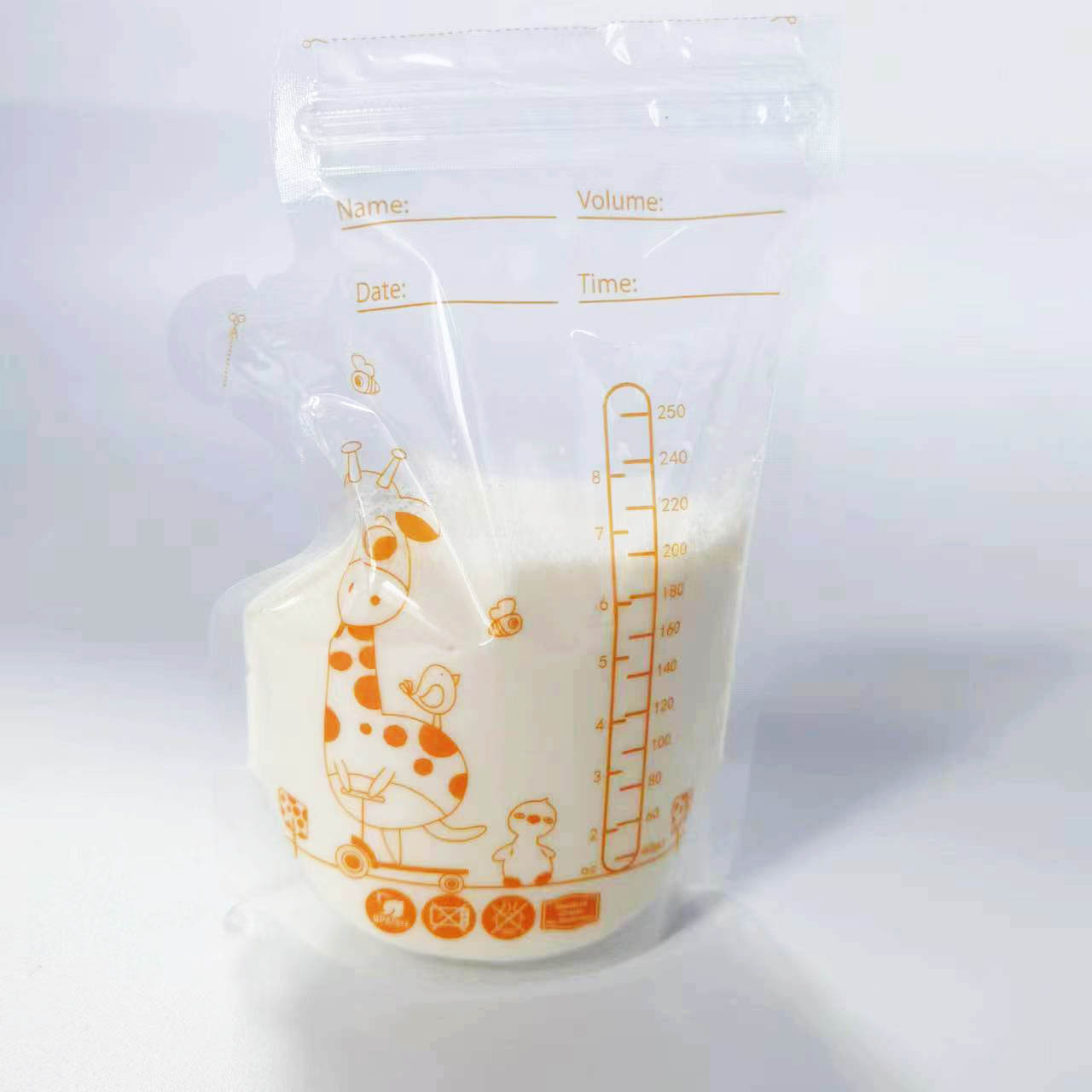 FUENTE fabricante en stock bolsa de leche materna 250ml Caño doble cremallera sellado bolsa de preservación de leche materna al por mayor