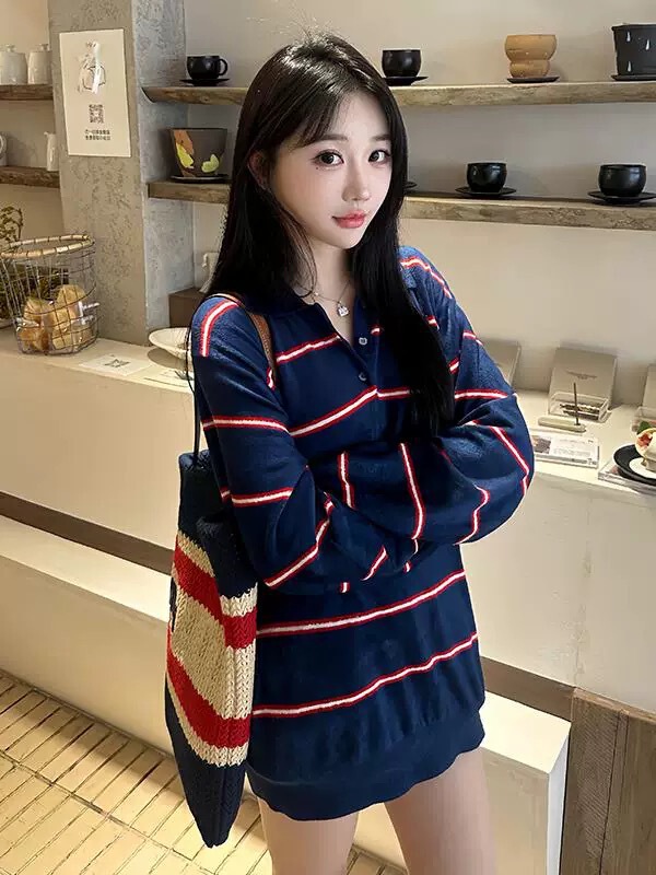 Miu系2025早秋新款藏青条纹字母刺绣翻领长袖上衣T恤男女POLO衫|undefined