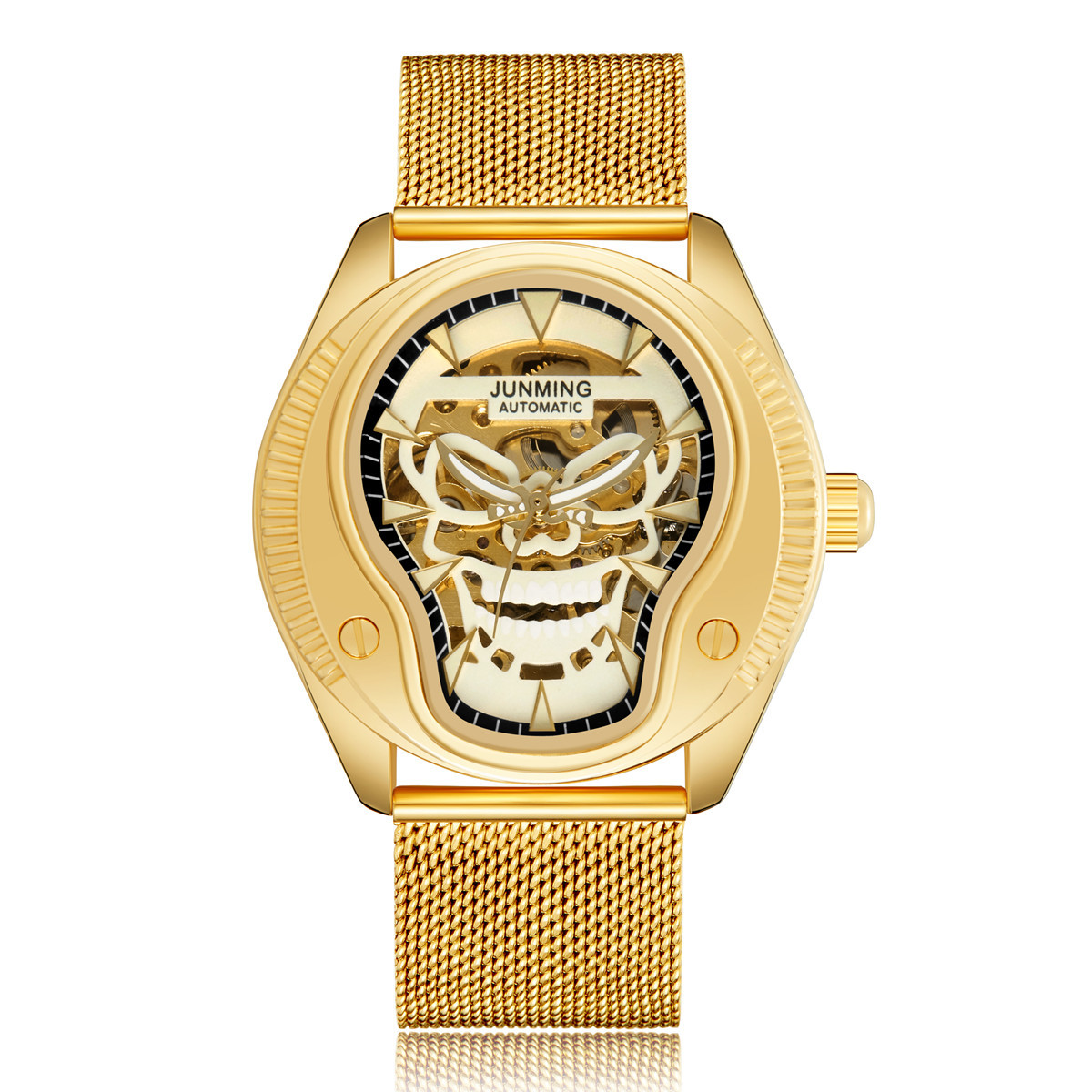 JUNMING Suiza productos genuinos moda impermeable reloj de los hombres correa de acero luminoso reloj mecánico automático cráneo hueco