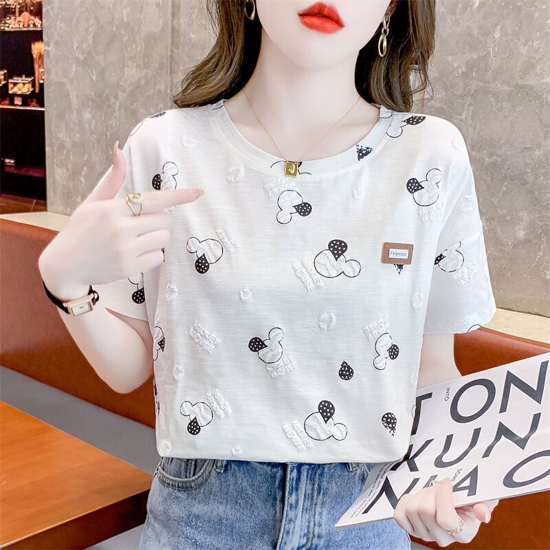 Short-sleeved T-shirt Instagram Popular Summer Women's Mother's New Arrival Korean-style Printed Fashionable Loose plus size chubby girl Top Fashionable