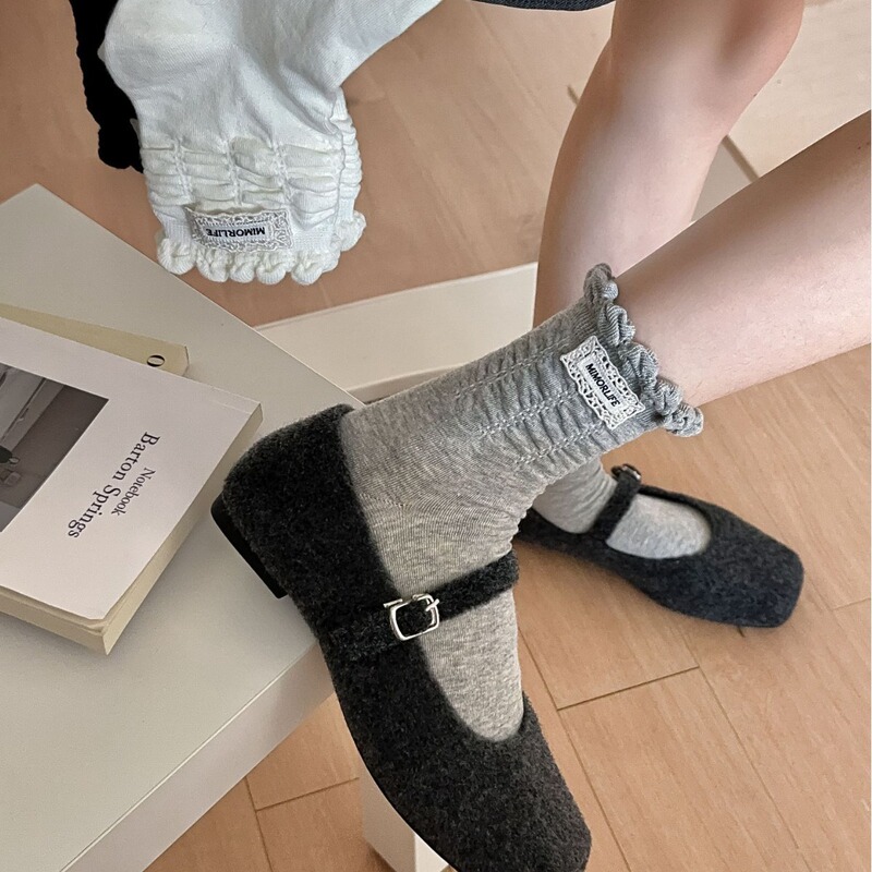 Exquisite women's bubble mouth pleated cloth label tube socks academic style miu pile socks children's small lace boneless cotton socks