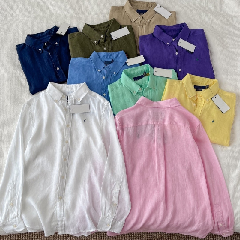High-Quality/Scanable Qr Code Ralph 100% Pure Linen Classic Lapel Shirt with Small Logo Embroidery for Women