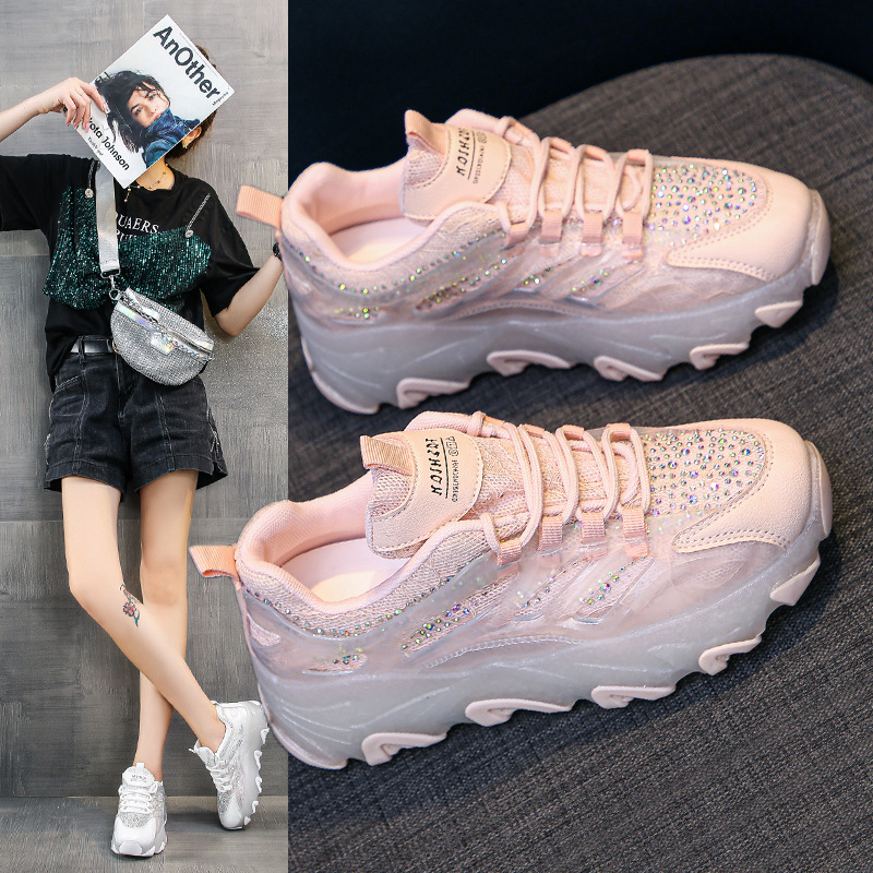 Casual Sports Mesh Torre Shoes Women's Spring and Autumn New 2024 Rhinestone Jelly Bottom Breathable Thick Sole Increased Mesh Shoes