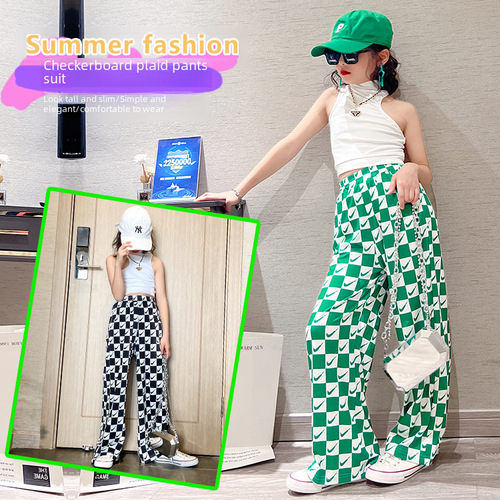 New  Summer Girls' Fashion Popularity Cute Children's Back to School Set with High-Waisted Checkered Loose Straight Leg Pants