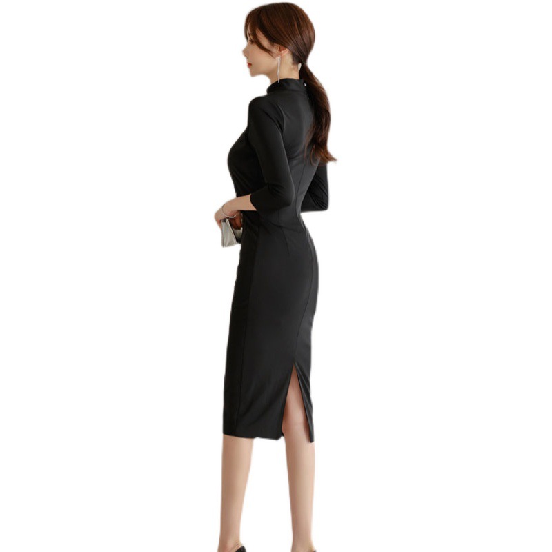 Spring And Autumn Korean-Style Fashion Elegant Slim Versatile Stand-Collar Simple Basic Dress_ecoleips.com