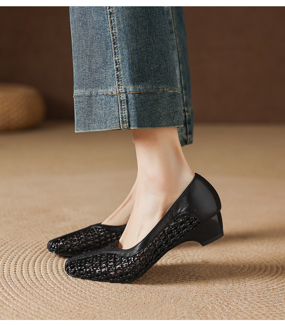 Giày sandal nữ mũi vuông gót thấp 3 cm da cừu hở bên — đen chi tiết 21