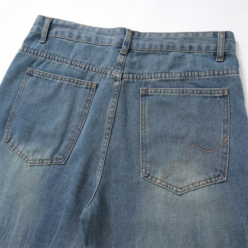 Unisex Vintage Workwear Jeans – Distressed Denim With Utility Pockets (S-XXXL, Classic Blue Wash)_mkmklike.com