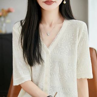 气质提花波浪边多扣桑蚕丝针织开衫女夏宽松V领妈妈冰丝外套上衣