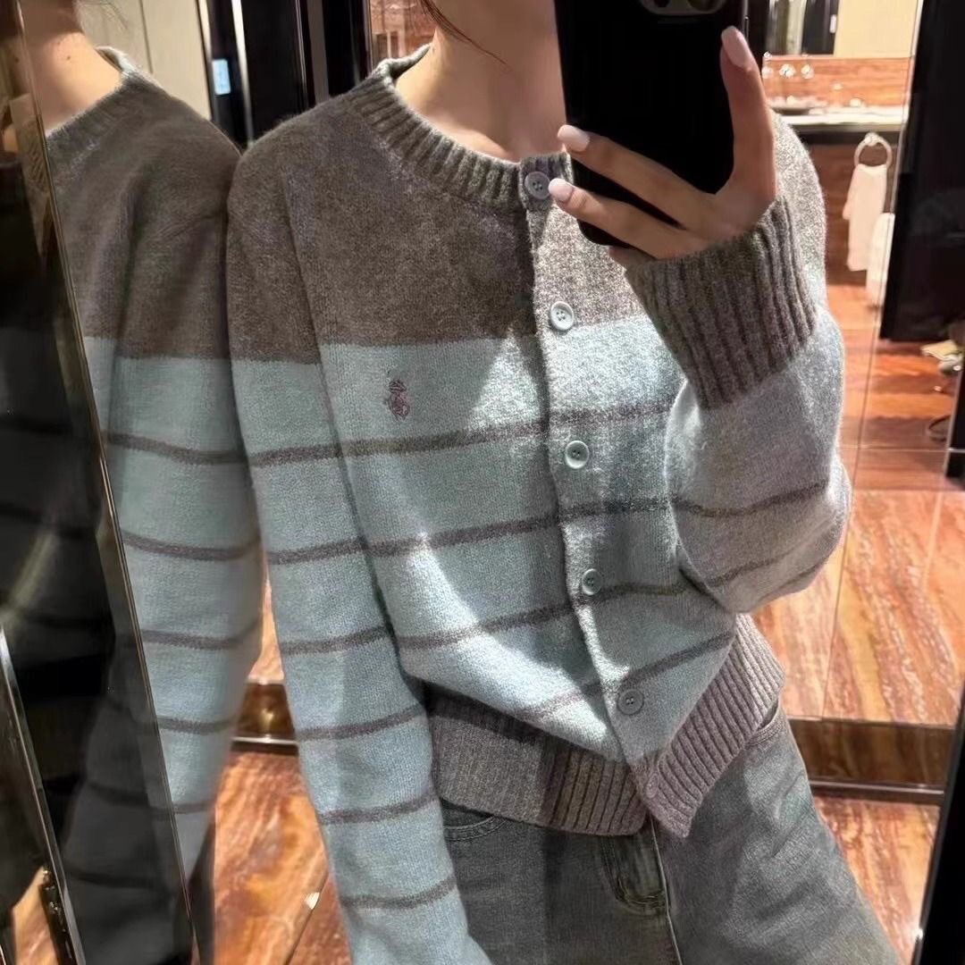 日韩休闲款春季淑女慵懒刺绣条纹圆领毛衣开衫修身针织衫上衣外套
