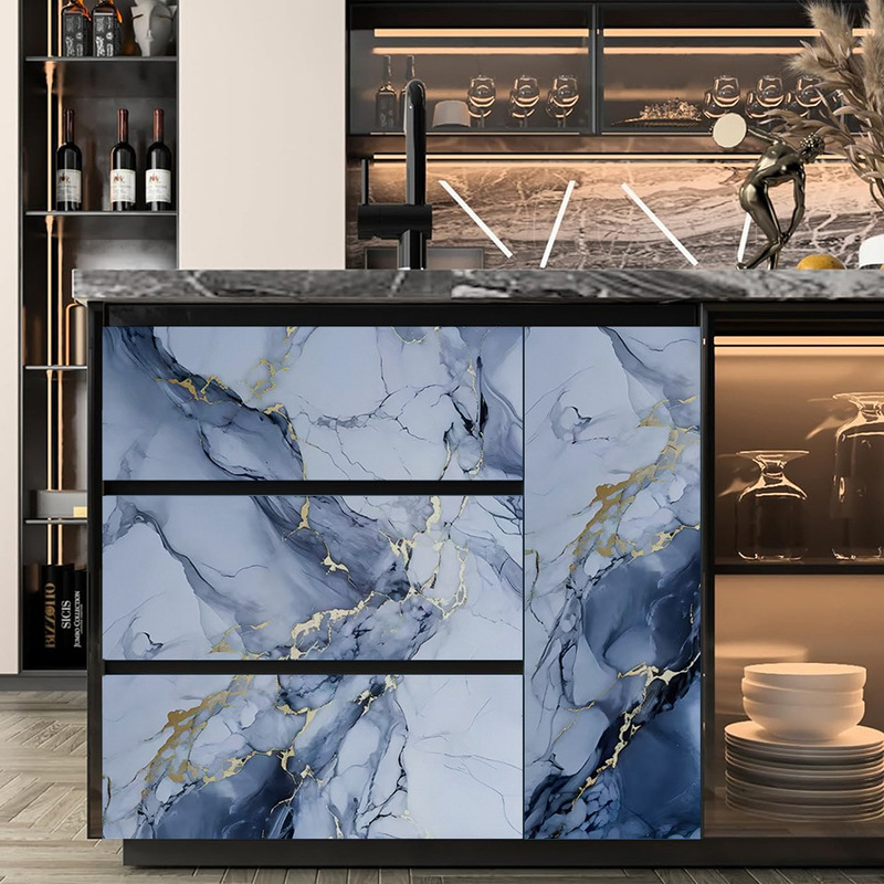 Three-Dimensional Blue Gilded Pvc Wallpaper Self-Adhesive Waterproof Kitchen Countertop Cabinet Bedroom Living Room Wall Decoration Wholesale