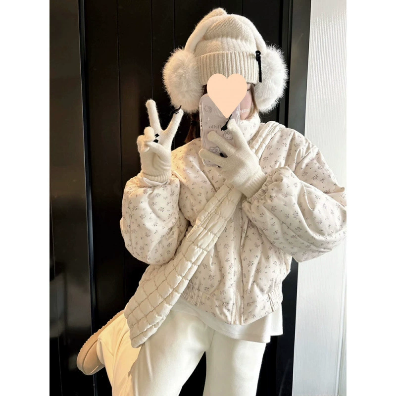 Winter cute warm down jacket, floral print