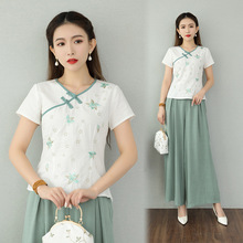 0850#2021年夏季民族风绣花 清新舒适棉麻料盘扣上衣