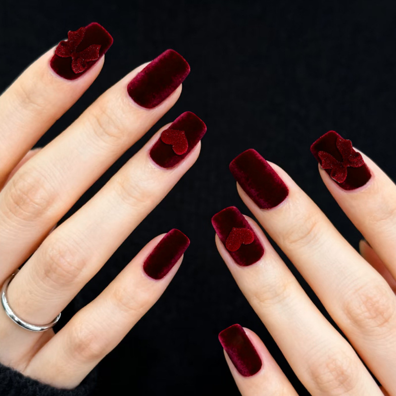 Wearable Nails with Square Burgundy Velvet Sweet Heart-Shaped Bow Decoration Design, Removable Fake Nail Patches