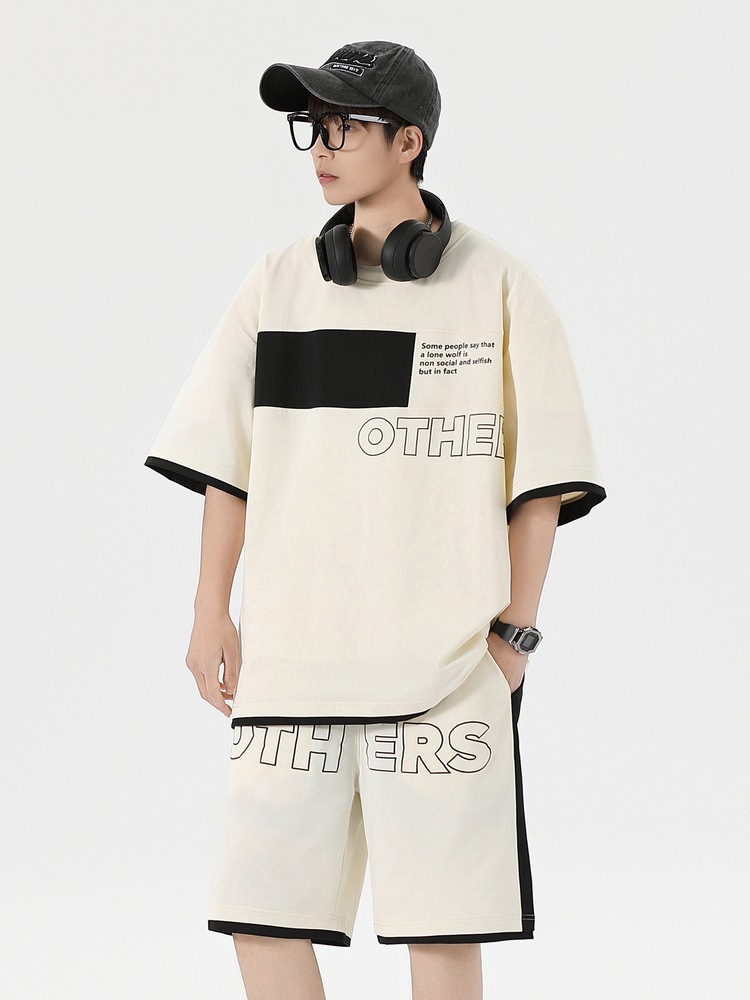 Traje informal holgado de manga corta para hombre, pantalones cortos de manga corta con conjunto de dos piezas, color contrastante, fresco, de verano