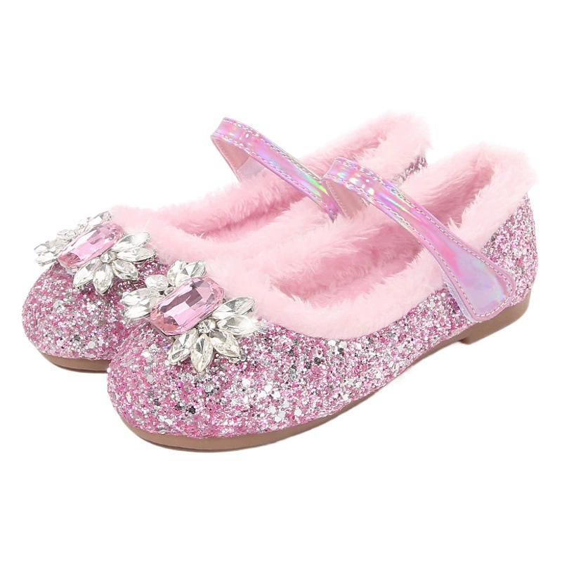 Детская обувь Обувь принцессы для девочек Осенне-зимняя обувь Aisha Crystal Shoes Обувь на флисовой подкладке для девочек Маленькая кожаная обувь для маленьких девочек