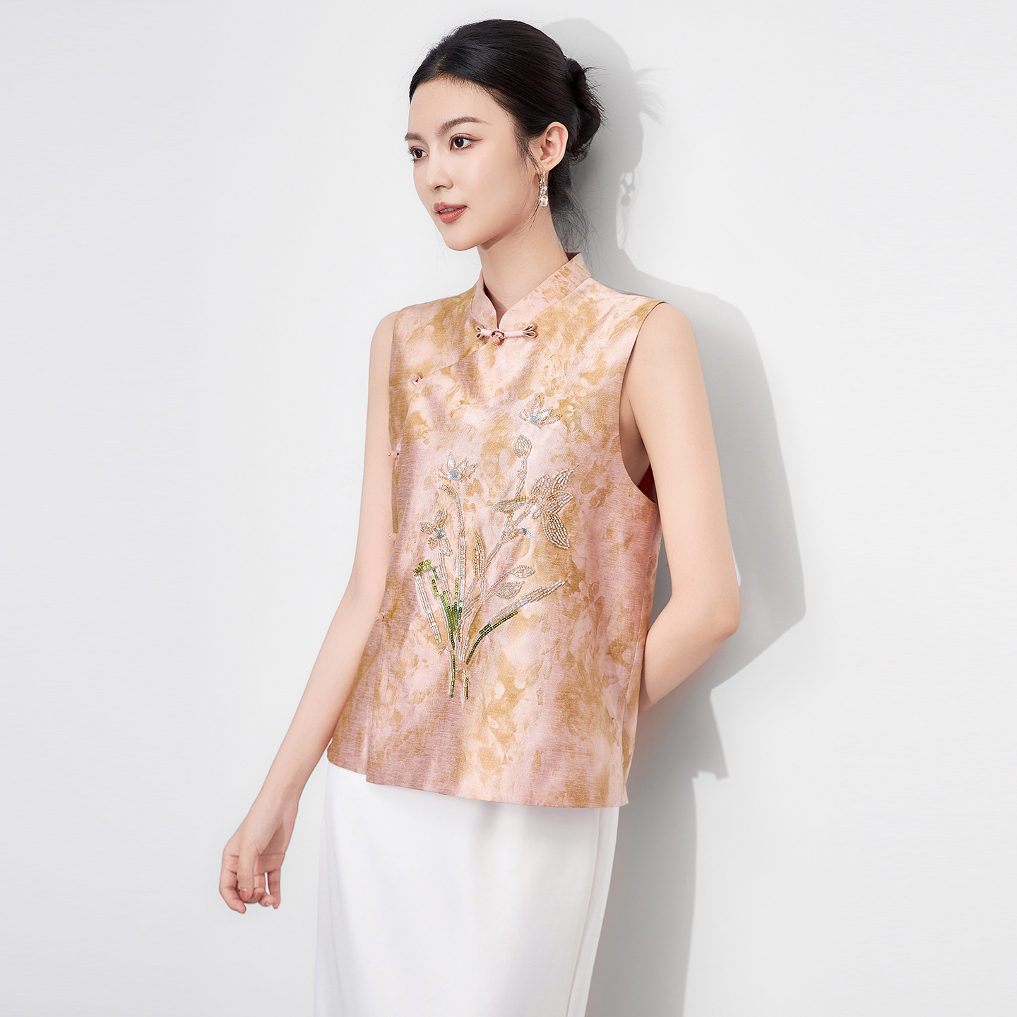 2511511-Yayun Starburst Smudged Print National Style New Chinese Style Early Autumn Vest Women's Stand Collar Top New Nanyou