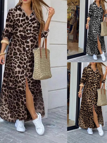 Women's New Fashion, European and American Spring Summer Casual Leopard Print Stylish Cut-out Long Women's Shirt Dress