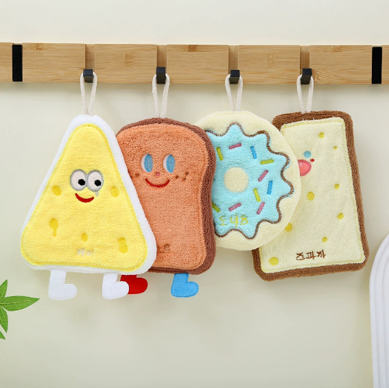 Cute Little Cheese Toast Hand Towel, Hanging Type, Absorbent, Non-Shedding Coral Fleece Towel for Home Kitchen Use, Cartoon Design