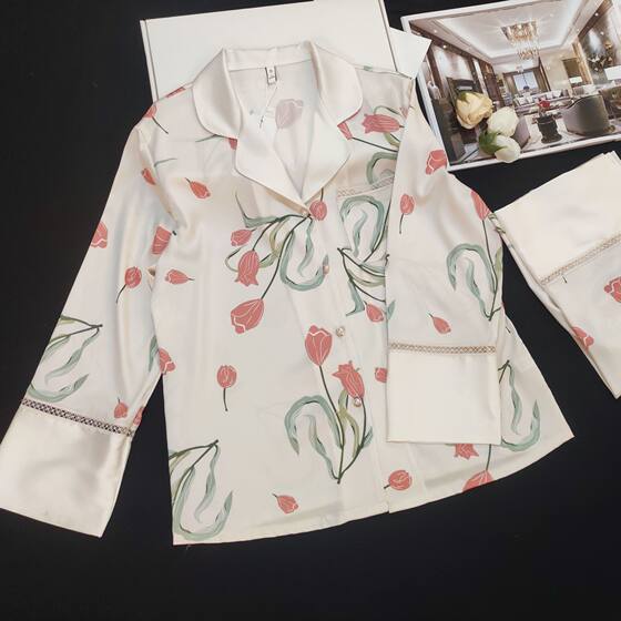 2024 Foreign Trade Ice Silk Pajamas Women's Little Red Riding Book Same Style Spring and Autumn Long Sleeve Cardigan Advanced Sense Silk Imitation Home Clothes