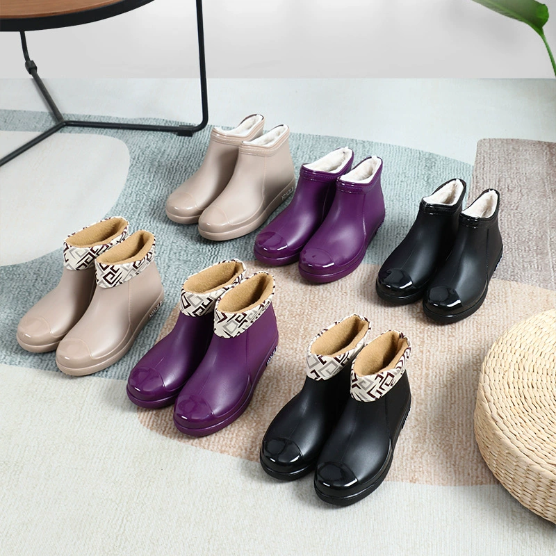 Новые модные короткие резиновые сапоги с низким верхом, непромокаемые резиновые сапоги, нескользящая Водная обувь, непромокаемая женская теплая резиновая обувь на флисовой подкладке, прямые продажи с фабрики