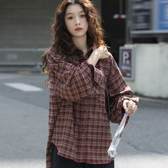 美式复古红色格子长袖衬衫女新款春秋季上衣小个子慵懒风衬衣外套