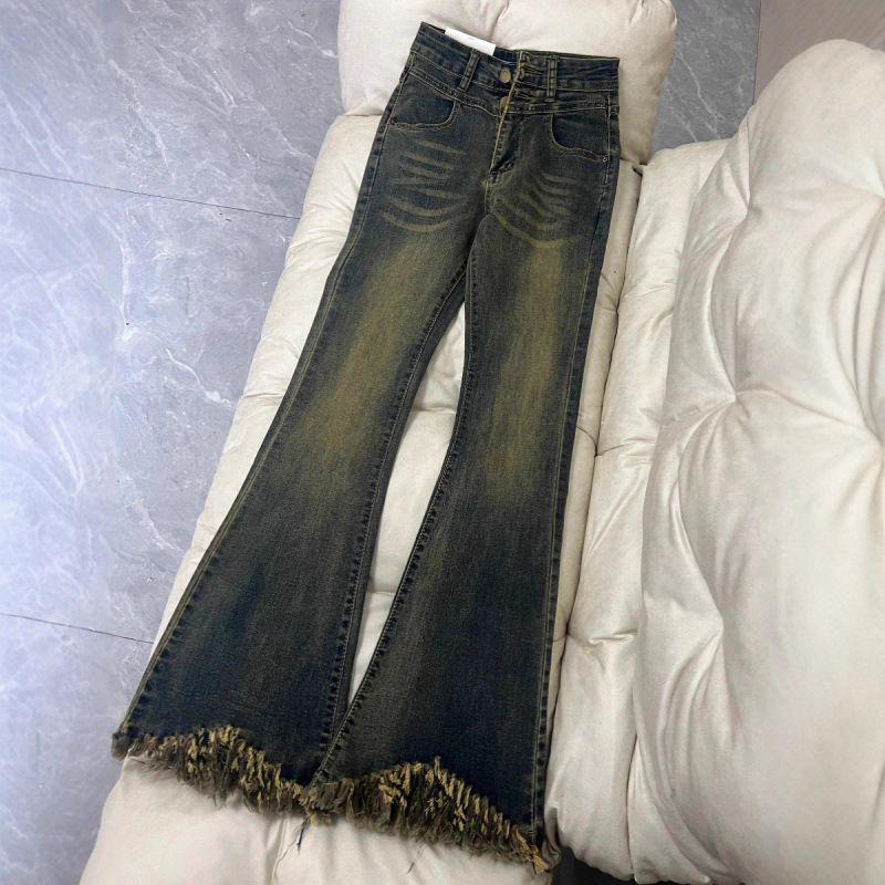 双扣流苏水泥灰微喇牛仔裤女潮流百搭春秋款高腰毛边怀旧拖地长裤|undefined