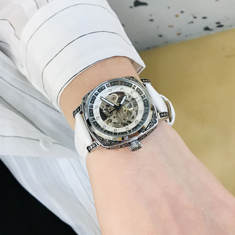 Double-sided hollow women's watch mechanical watch square retro carved Internet celebrity high-end couple watch men's watch belt_voghion.com