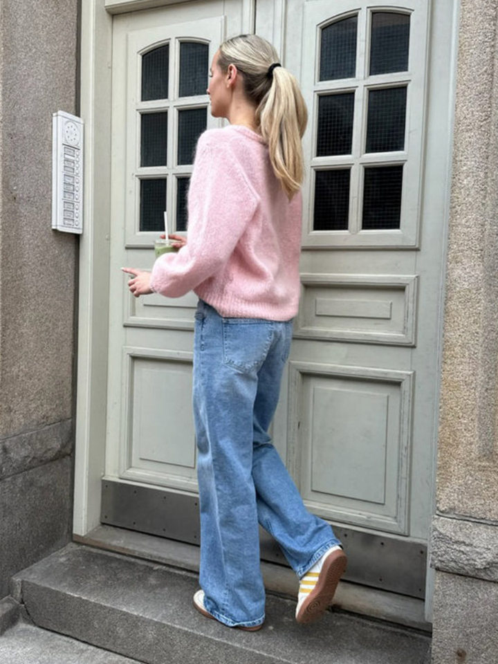 Áo cardigan len dệt kim dáng mỏng nhẹ cài nút một hàng, tay dài cổ tròn nữ — hoa hồng đỏ, màu be, màu cam, màu hoa cà chi tiết 50