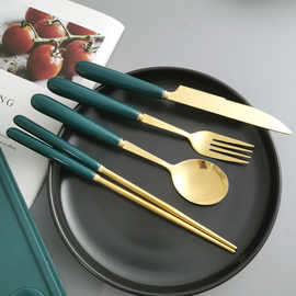 勺子 轻奢复古墨绿陶瓷餐具套装汤勺子牛排刀叉筷家用网红不锈钢