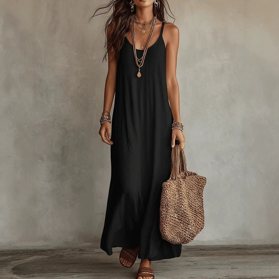 2026 New Cross-Border Relaxed Bohemian Style Yunnan Dali Vacation Style Solid Color Spaghetti Strap V-Neck Women's Beach Dress V