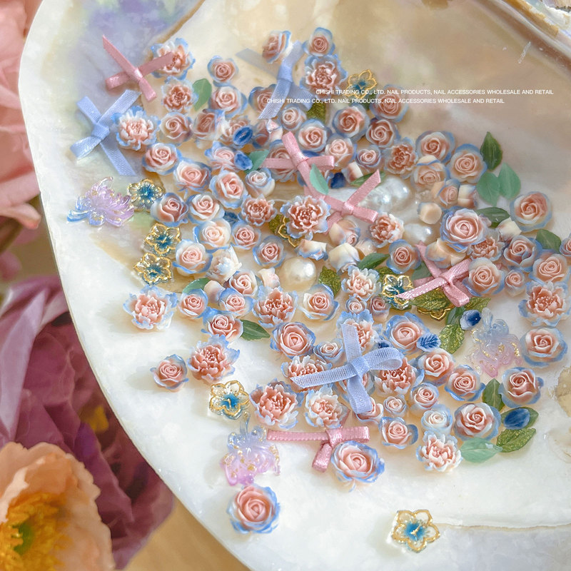 New Blue Pink Rose Garden pearl fabric bow leaf nail jewelry nail accessories mixed wholesale