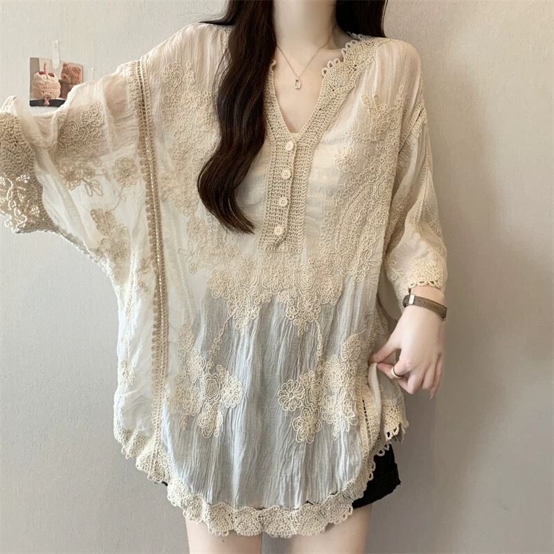 Lace Embroidered V Neck Chiffon Short-Sleeved Shirt for Women 2025 Summer Large Size Fat mm Mid-Length Bohemian Top