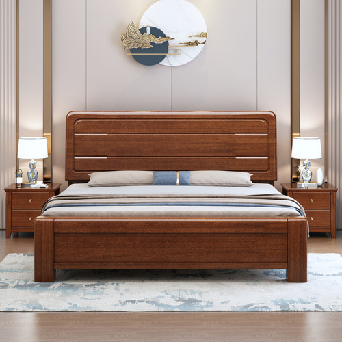 Modern Chinese style golden walnut bed 1.5 simple style bedroom furniture solid wood bed 1.8 meters master bedroom wedding bed