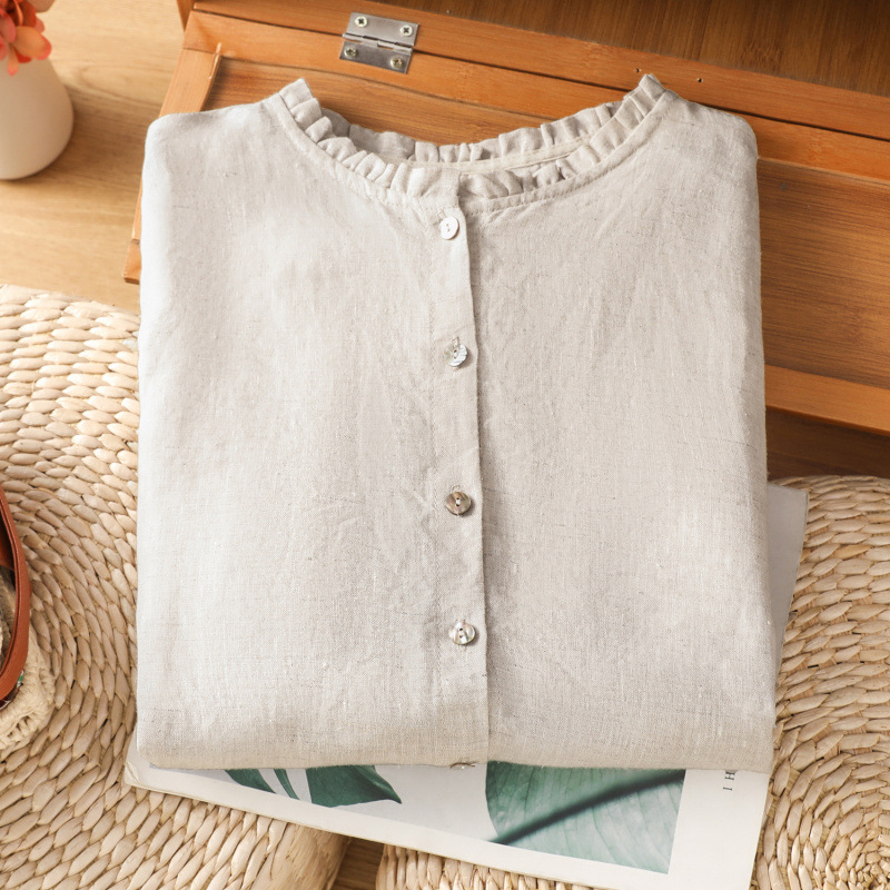 Camicia da donna retrò a maniche lunghe, elegante e snellente, in cotone e lino, con colletto a volant, nuova collezione 2026._voghion.com
