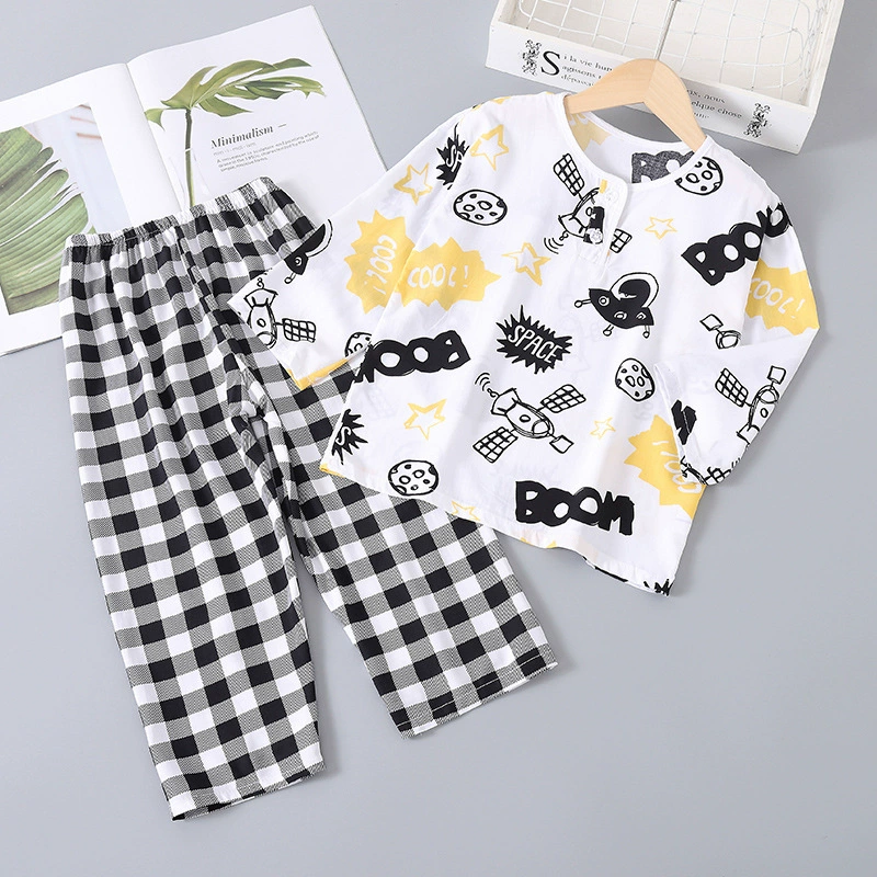 Детская Пижама, Летний Тонкий хлопковый Шелковый костюм, детская одежда для мальчиков с длинными рукавами, кондиционер, Детская домашняя одежда для девочек из хлопкового шелка