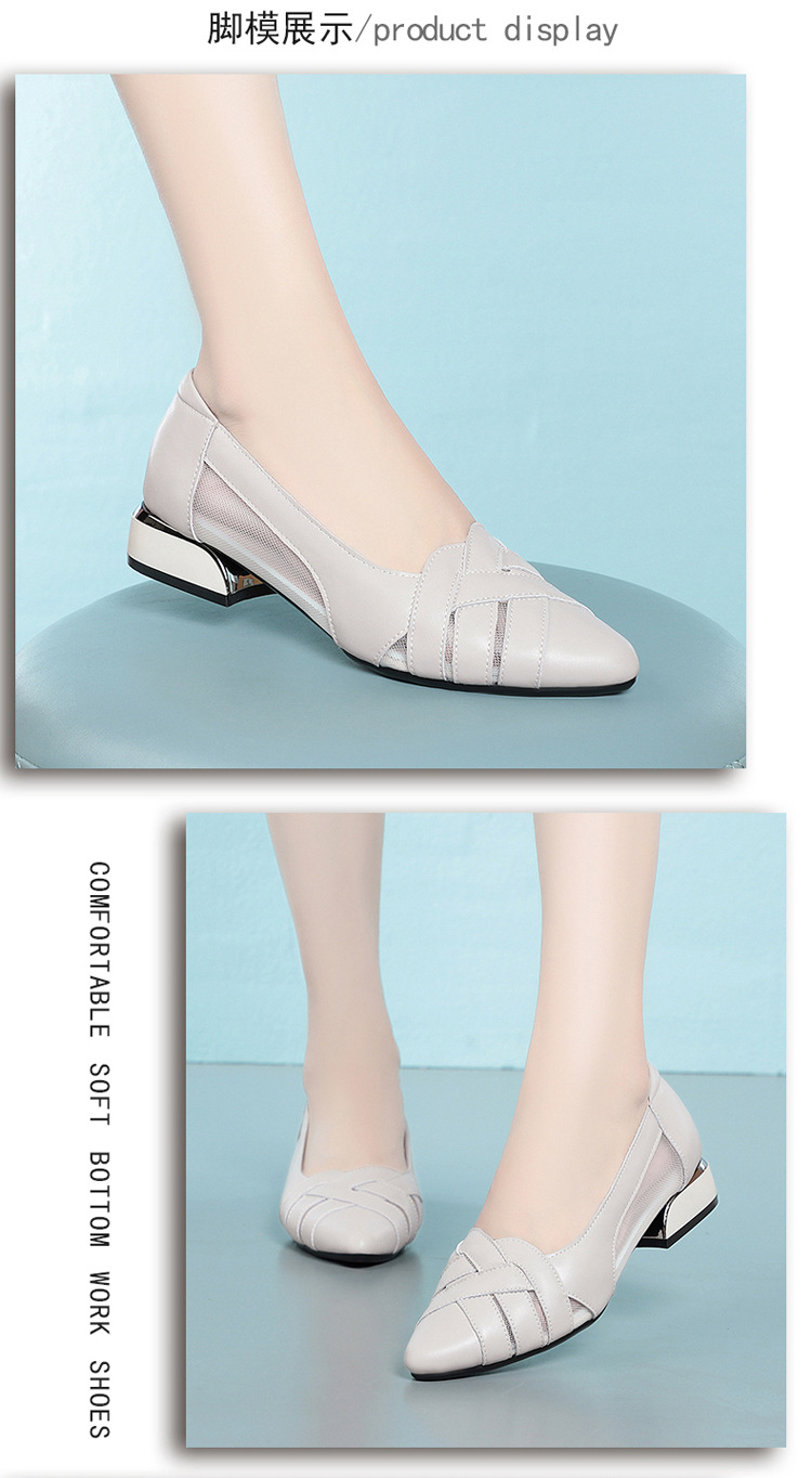 Sandal nữ da bò gót vuông thấp quai chữ V miệng nông mùa hè — Màu be xám (toàn bộ da bò) chi tiết 8