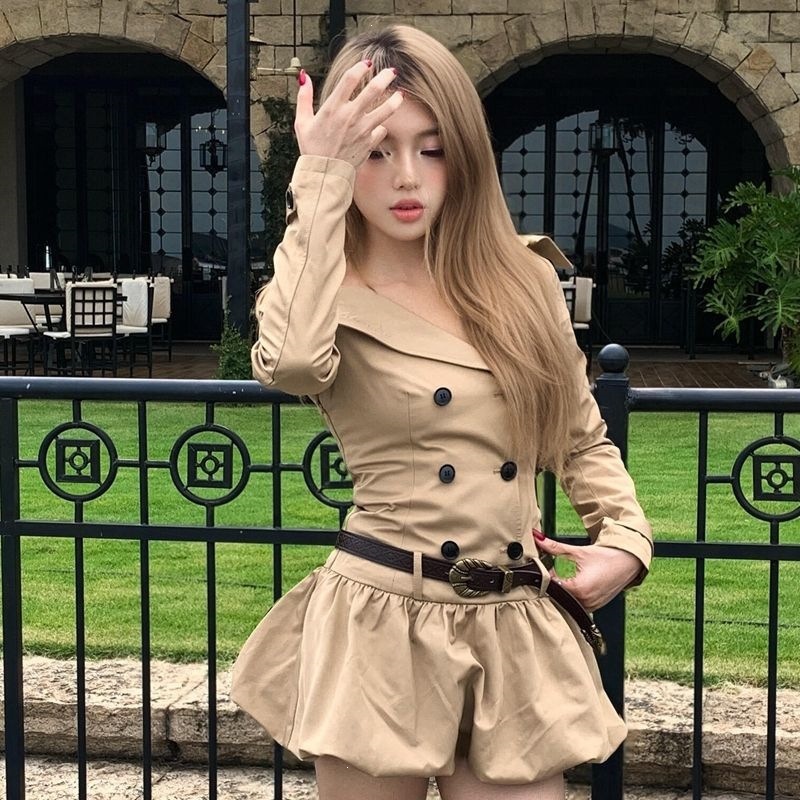 【原版做法+腰带】秋冬新款美式复古收腰风衣辣妹美拉德工装连衣