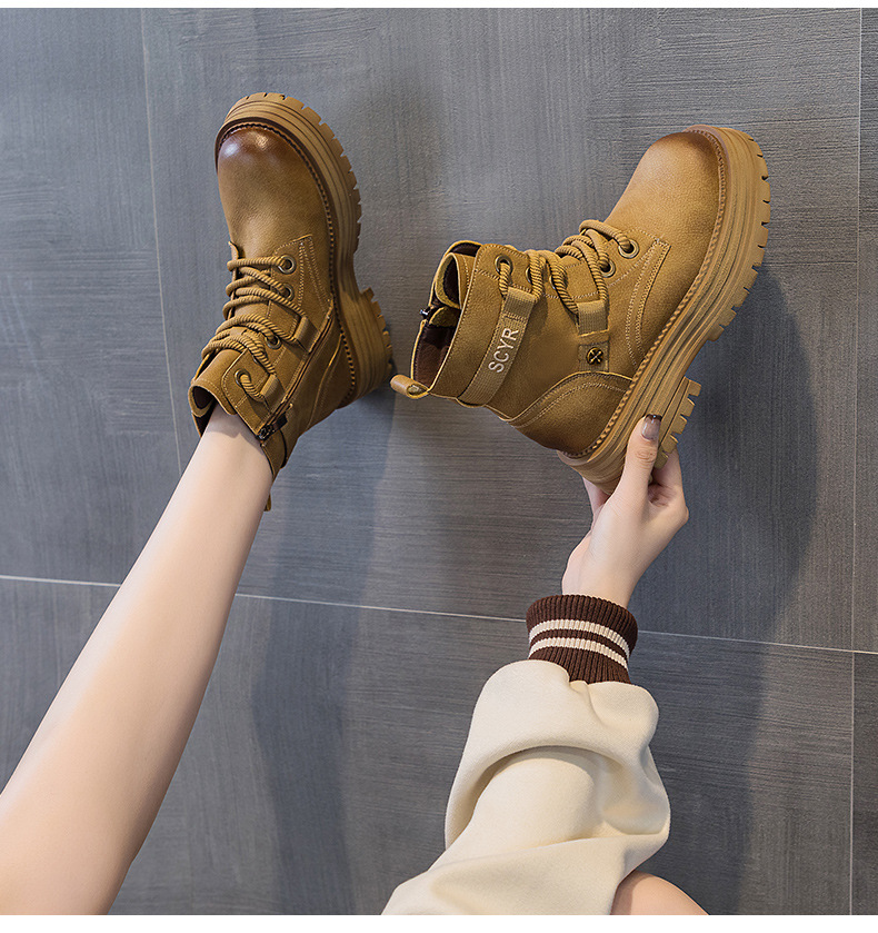 Giày boot nữ cổ ngắn đế dày phong cách Martin, lót lông ấm mùa đông — M2626-1 vàng lót nhung, M2626 màu vàng một lớp lót trong, M2626-1 kaki lót nhung, M2626 một lớp màu đen chi tiết 13