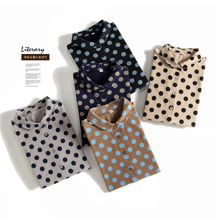 Foreign Trade Day Single Stretch Knitted Cotton Comfortable Skin-friendly Wave Dot Elegant Slimming All-match Ginglet Collar Long Sleeve Shirt for Women Foreign Trade Day Single Stretch Knitted Cotton Comfortable Skin-friendly Wave Dot Elegant Slimming All-match Ginglet Collar Long Sleeve Shirt for Women