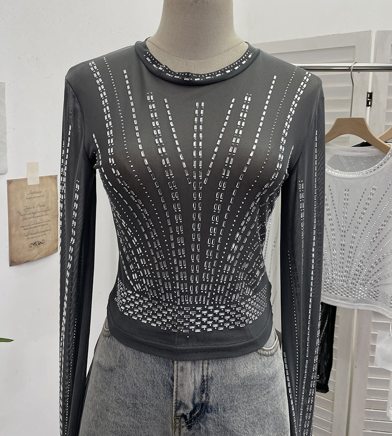 Diamond Embedded Thin Sheer Mesh Long Sleeve T shirt Slim Short Backless Top Women