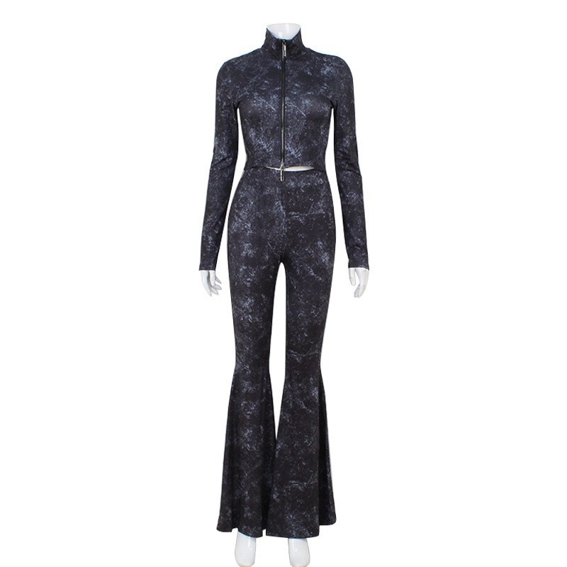 Zipper Short Top High Waist Belly Contracting Trousers Bell-bottom Pants Hot Girls Suit