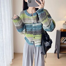 绿踪旷野渐变彩色条纹上衣羊毛针织开衫圆领毛衣外套女秋冬C0928L