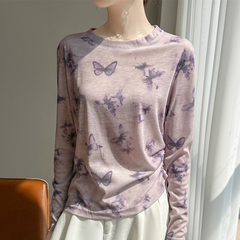 Side-Waist Drawstring Printed Knit Sweater, New Loose-Fitting Color-Blocked Long-Sleeve Tie-Dye Round-Neck Base Shirt for Spring