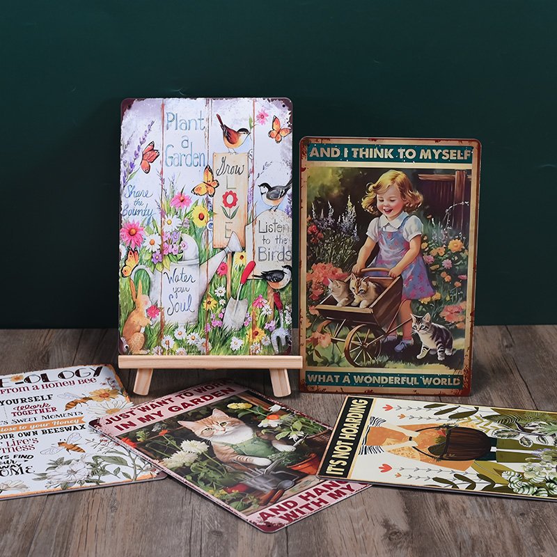 Pintura de hojalata pastoral Flor antigua retro Arte de hierro Pintura colgante pequeña Jardín al aire libre Balcón Decoración de pared Colgante transfronterizo